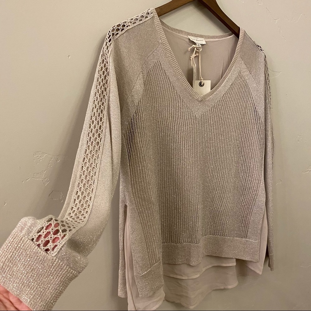 LUCKY BRAND Metallic Mixed Media Overlay Sweater - Picture 2 of 10